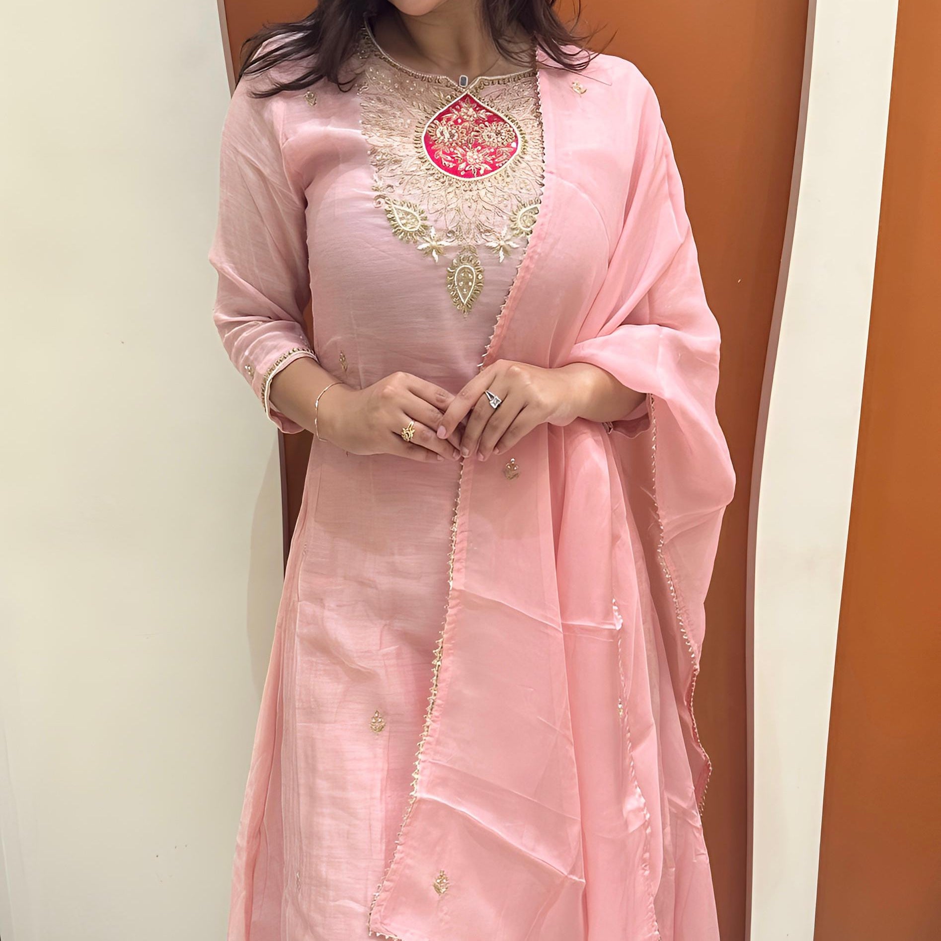 Timeless Pure Dola Silk Dress with Embroidered Accents (Pink)