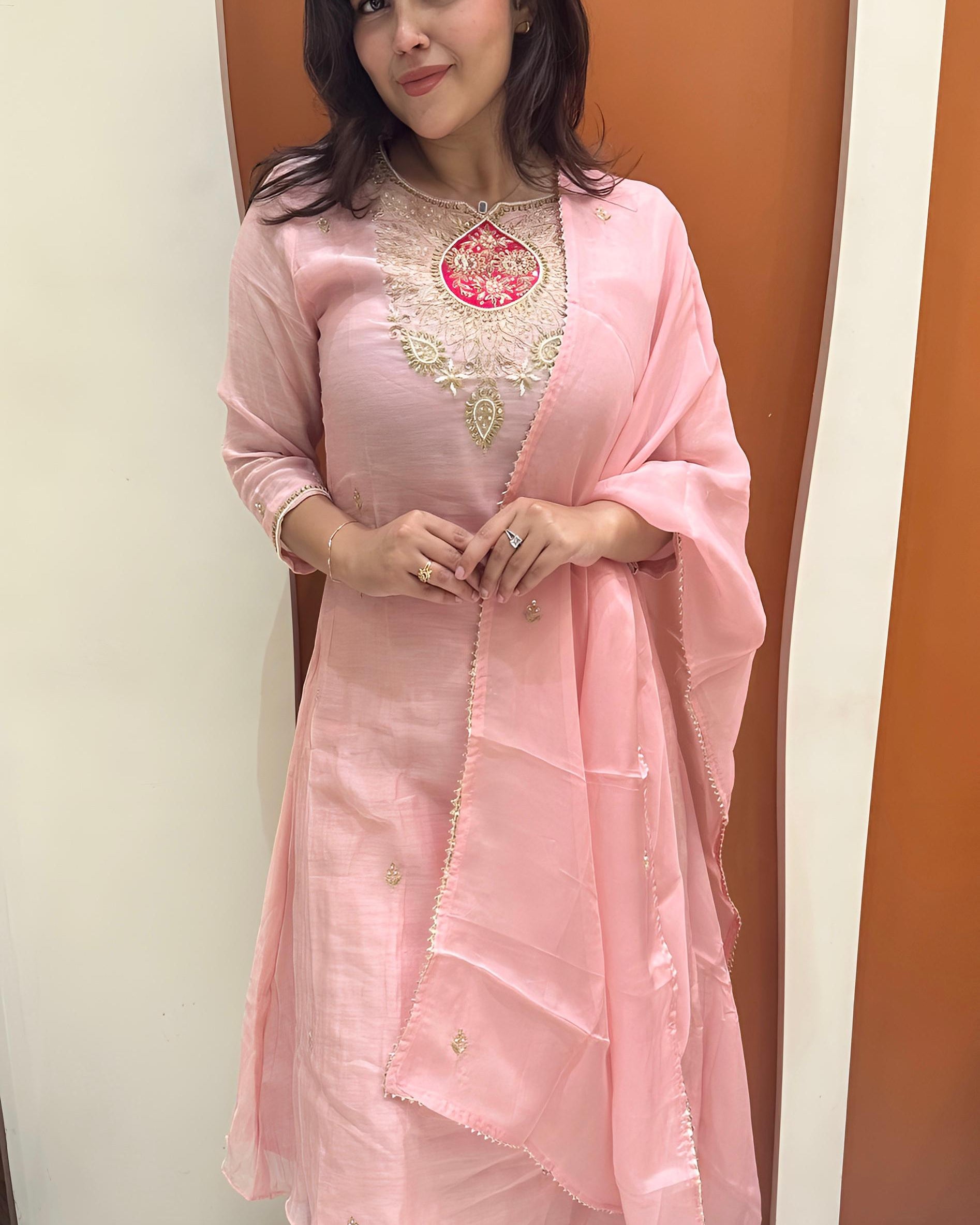 Timeless Pure Dola Silk Dress with Embroidered Accents (Pink)