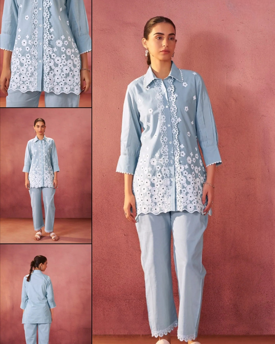 Elegant Pure Mul Cotton Co-ord Set – Breathable, Soft & Stylish (Sky Blue)