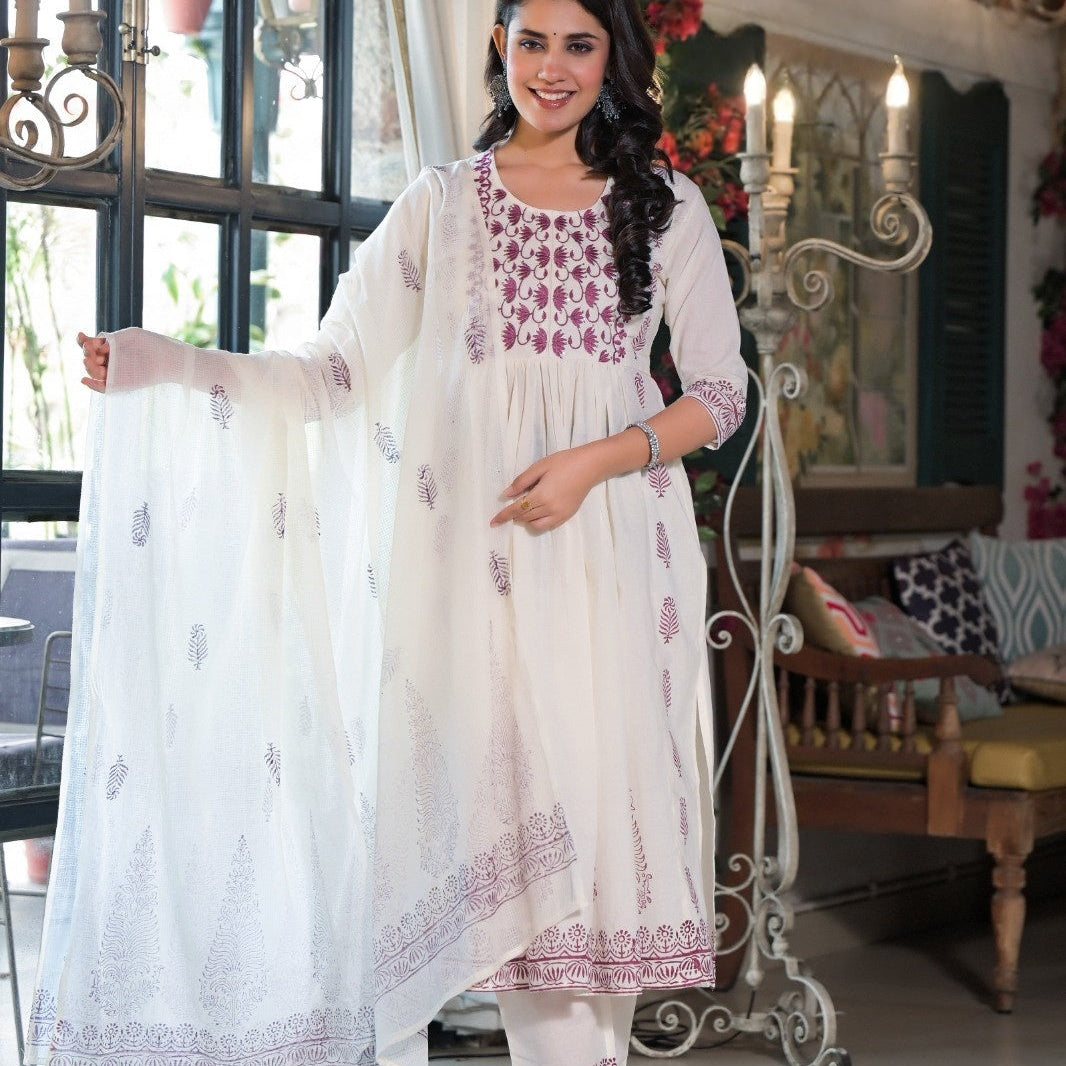 Elegant Pure Cotton Anarkali Dress Set with Dupatta & Pant White