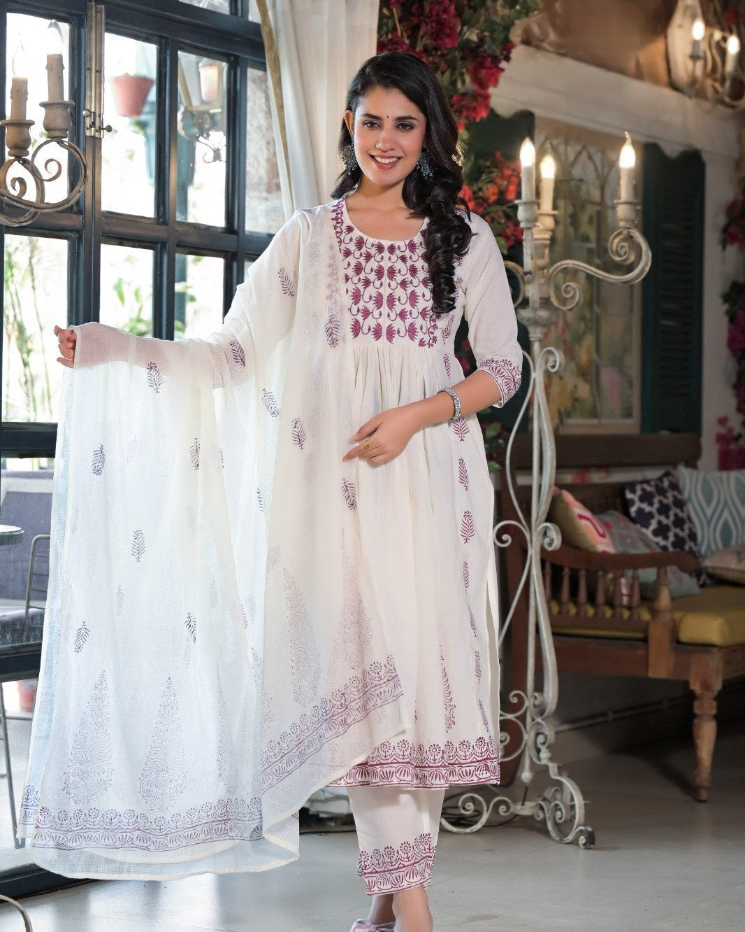 Elegant Pure Cotton Anarkali Dress Set with Dupatta & Pant White