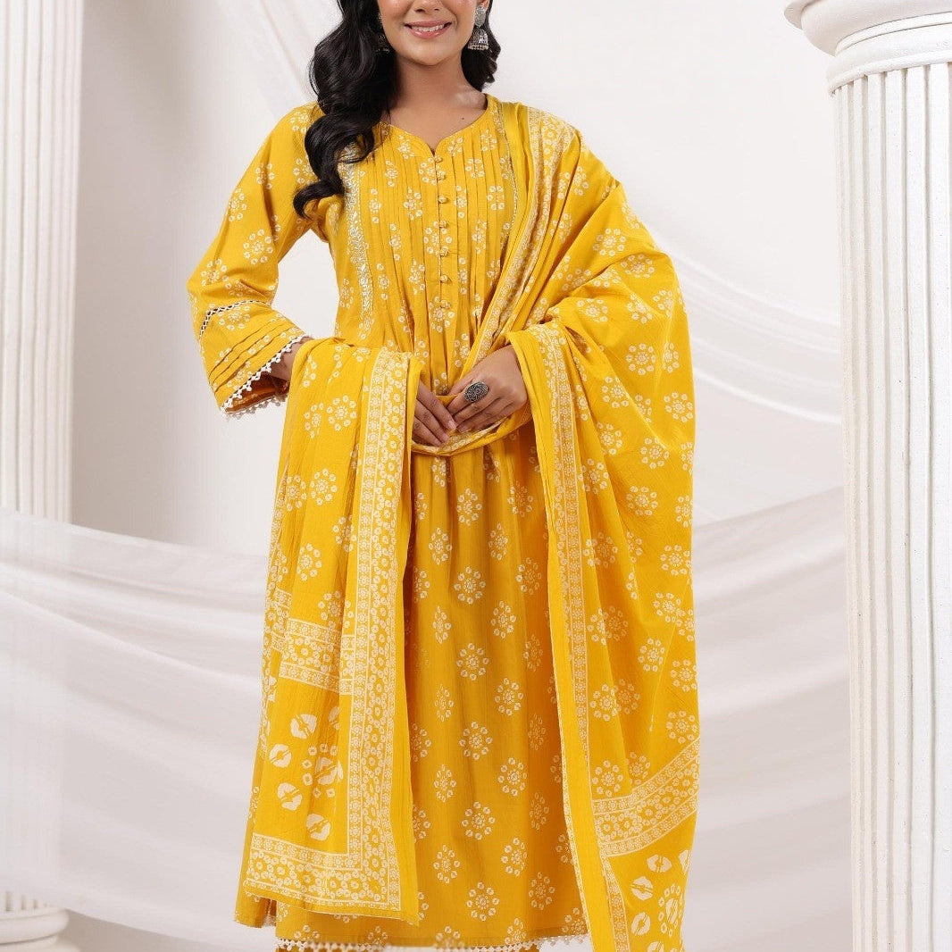 Elegant Pure Cotton Dress with Matching Dupatta Yellow