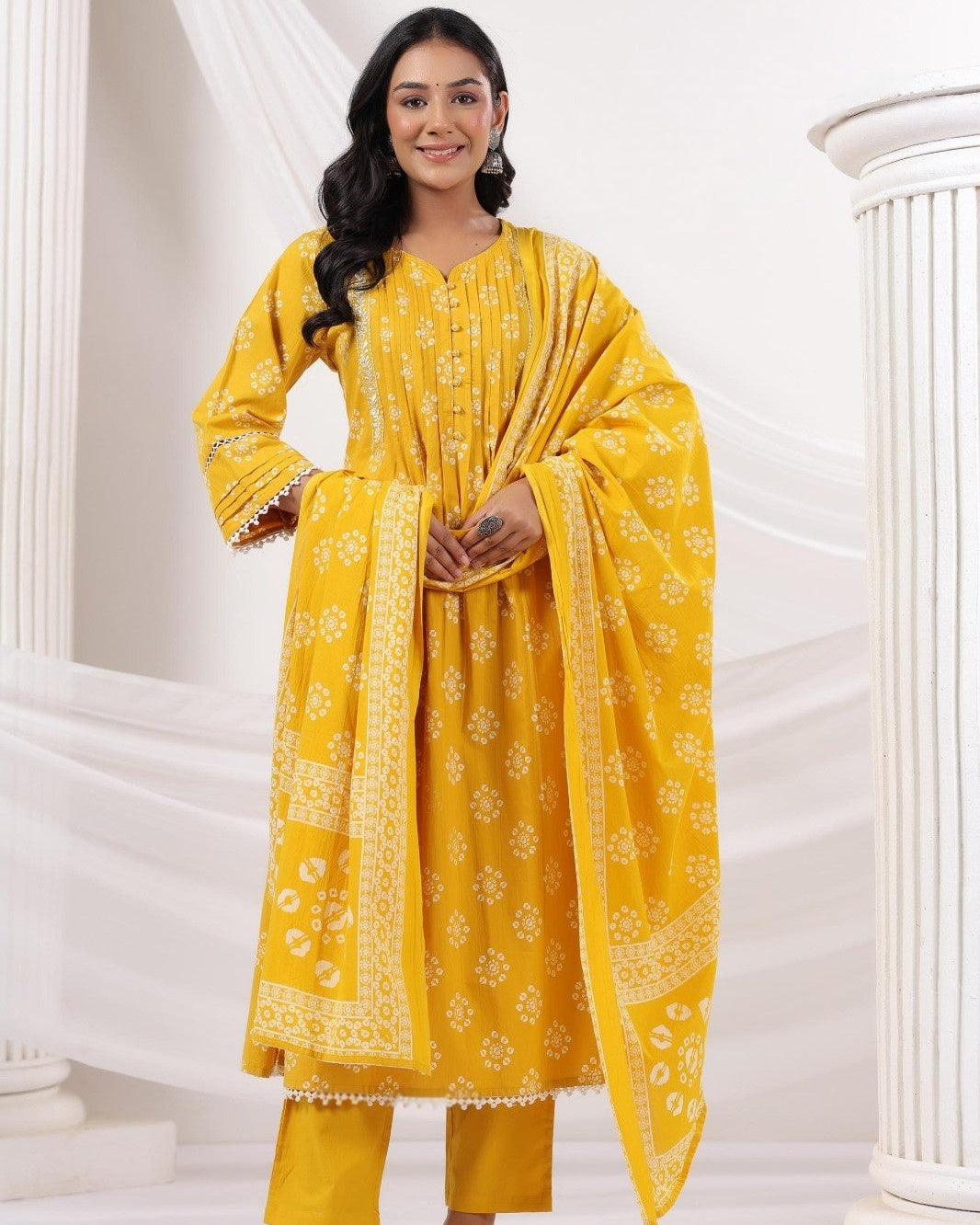 Elegant Pure Cotton Dress with Matching Dupatta Yellow